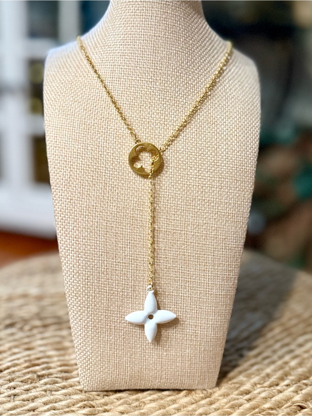 Upcycled Louis Vuitton Necklace with White Enamel Fluer Pendant